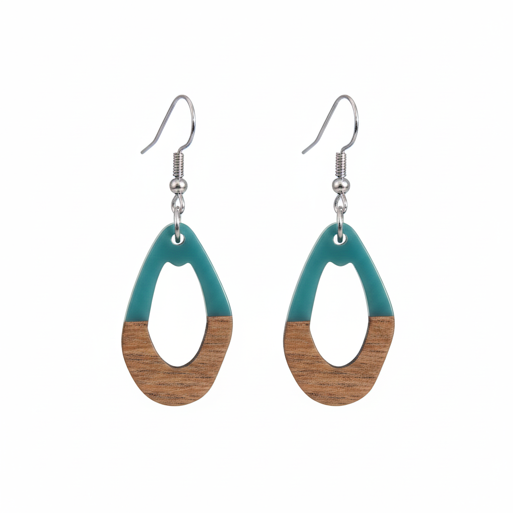 Blue Resin & Wood Silvertone Open Irregular Oval Hook Earrings