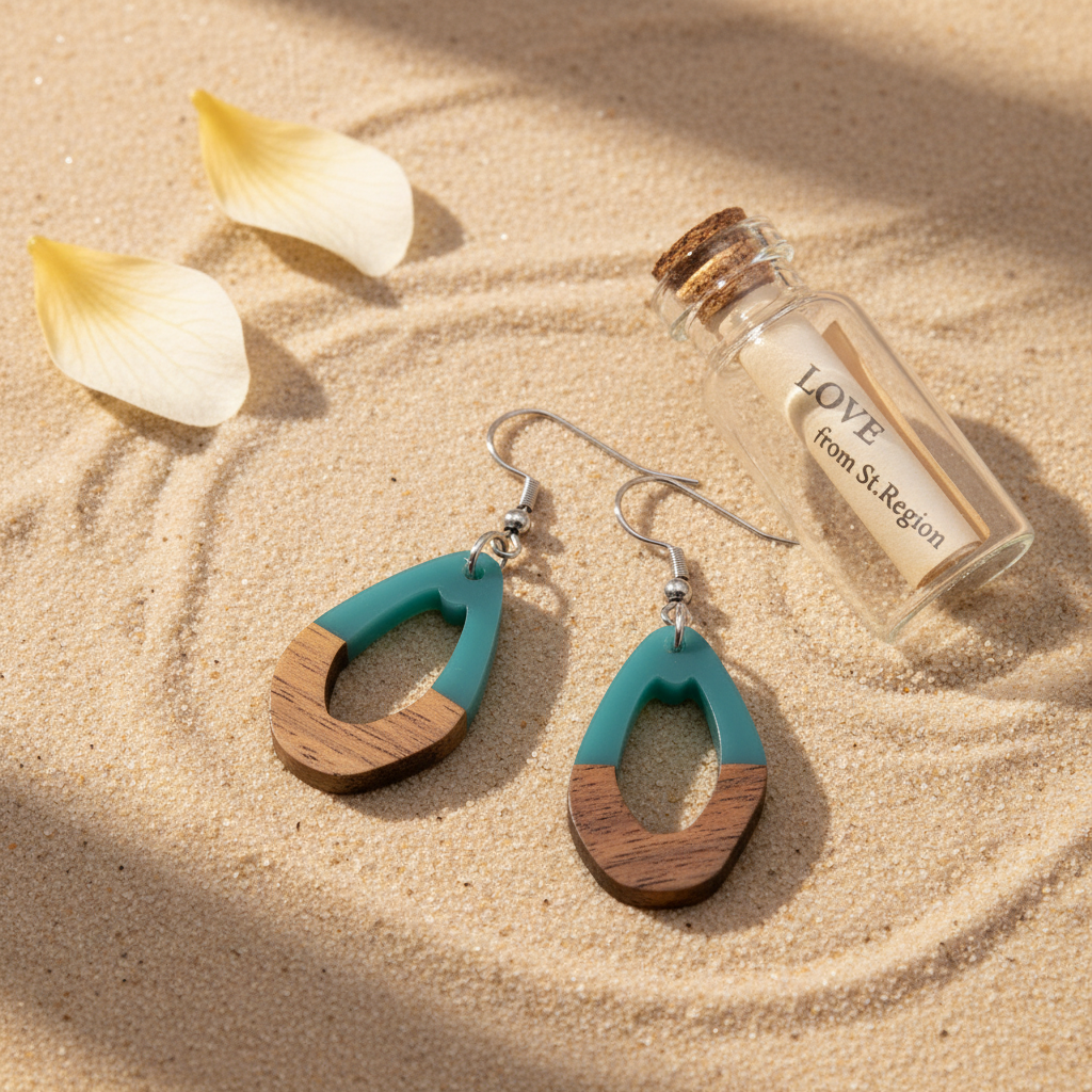Blue Resin & Wood Silvertone Open Irregular Oval Hook Earrings