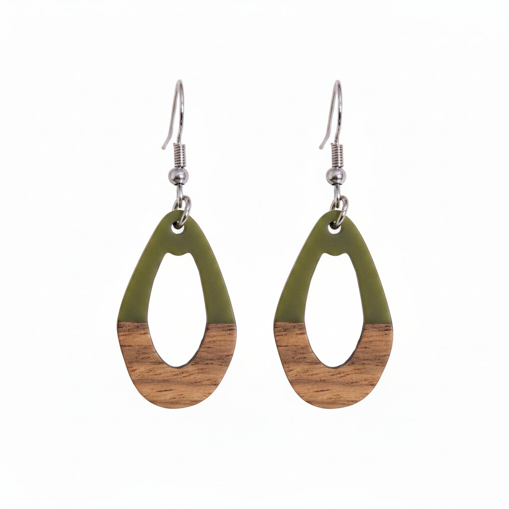 Green Resin & Wood Silvertone Open Irregular Oval Hook Earrings