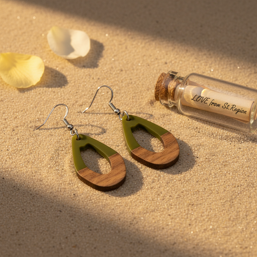 Green Resin & Wood Silvertone Open Irregular Oval Hook Earrings