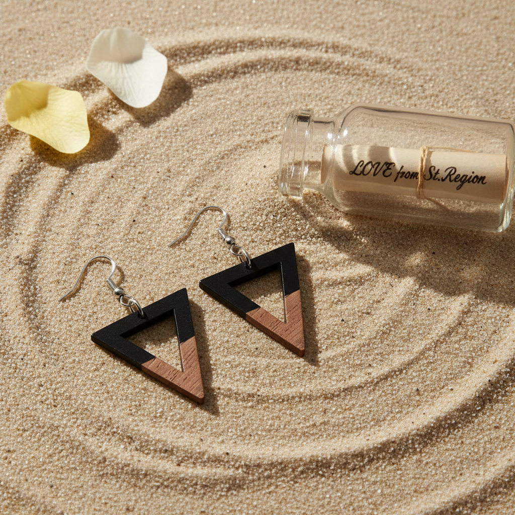 Black Resin & Wood Silvertone Open Triangle Hook Earrings