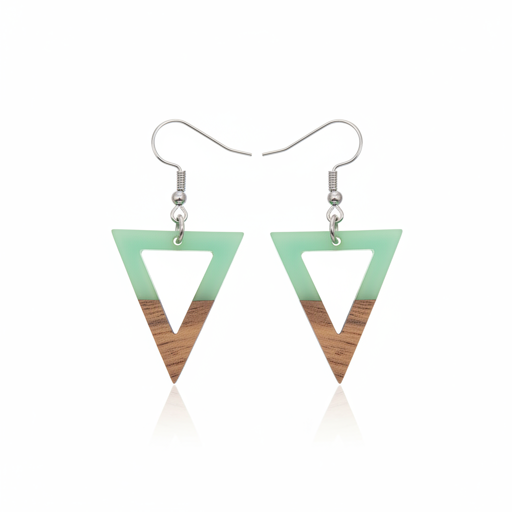 Green Resin & Wood Silvertone Open Triangle Hook Earrings