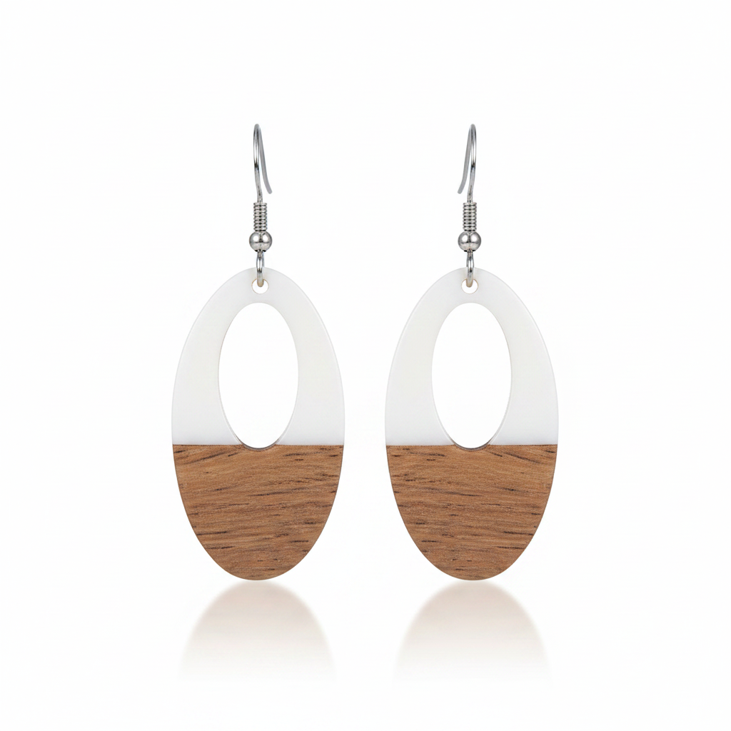 White Resin & Wood Silvertone Open Oval Hook Earrings