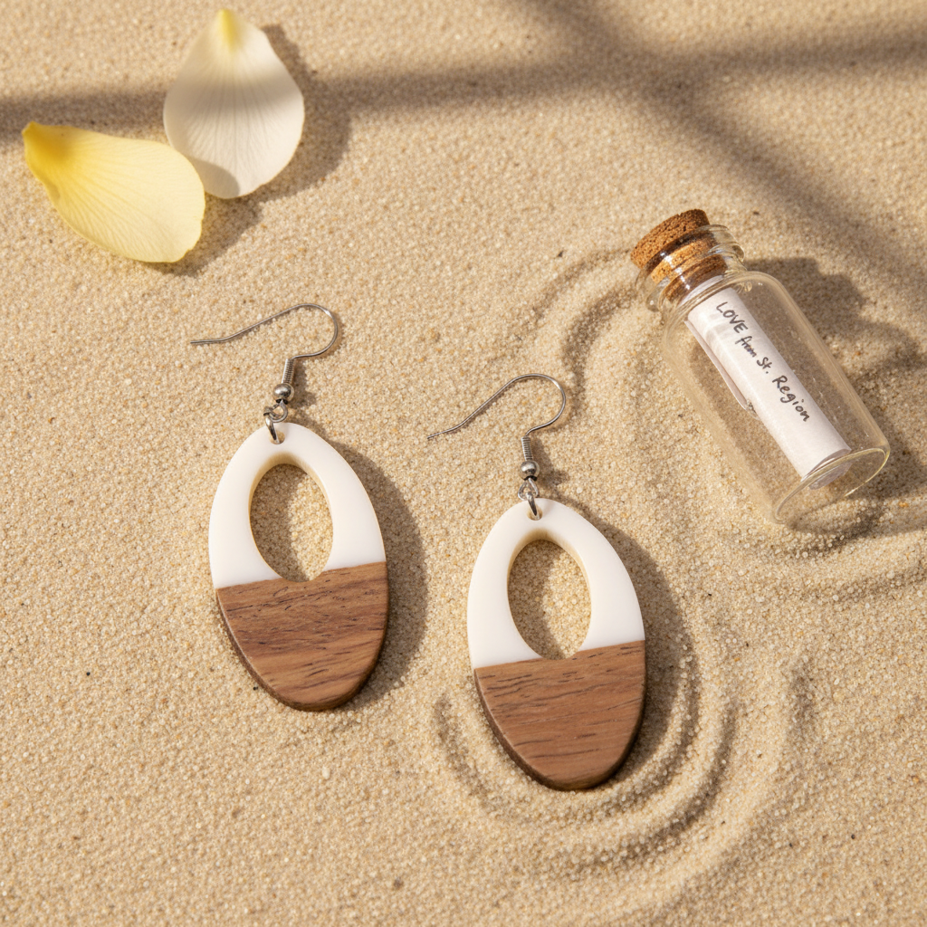 White Resin & Wood Silvertone Open Oval Hook Earrings
