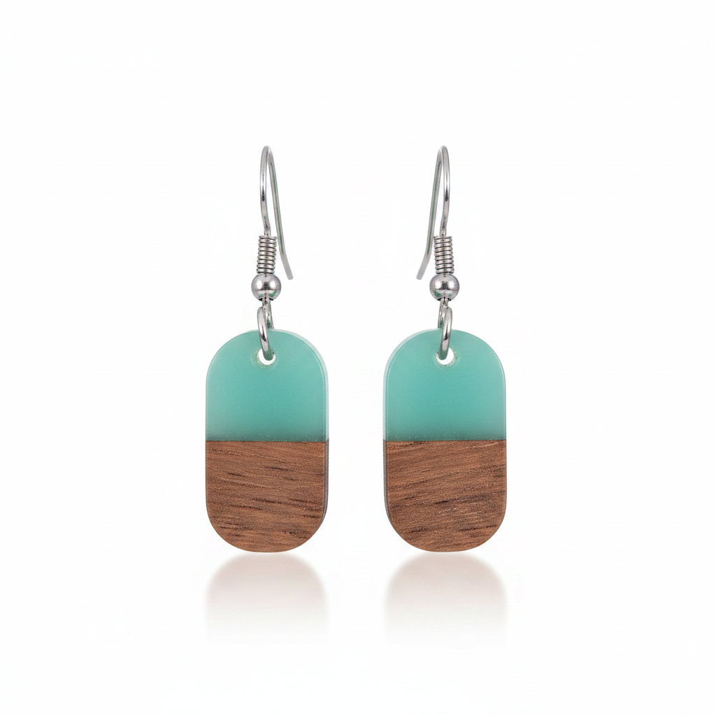 Green Resin & Wood Silvertone Patchwork Rectangle Hook Earrings