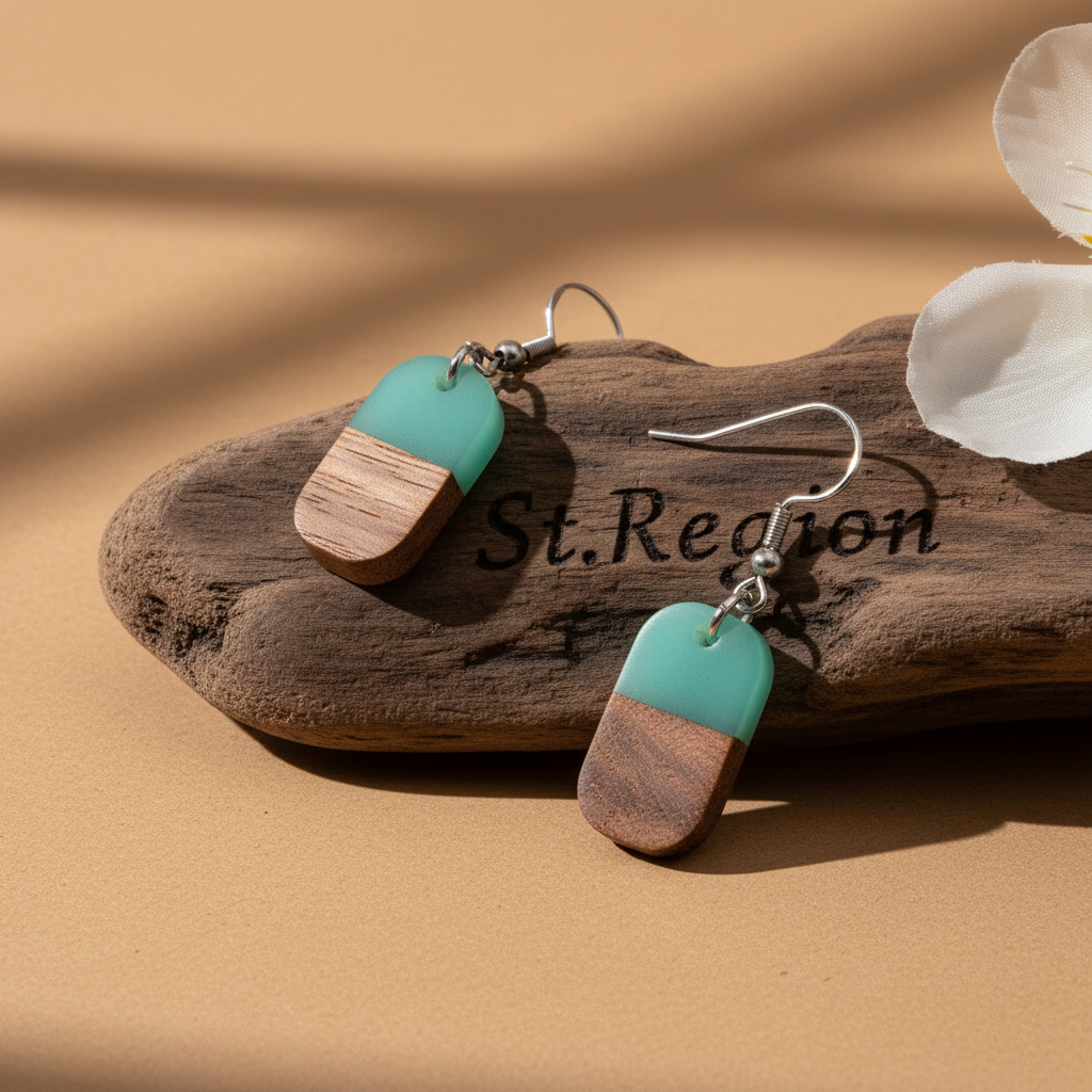 Green Resin & Wood Silvertone Patchwork Rectangle Hook Earrings