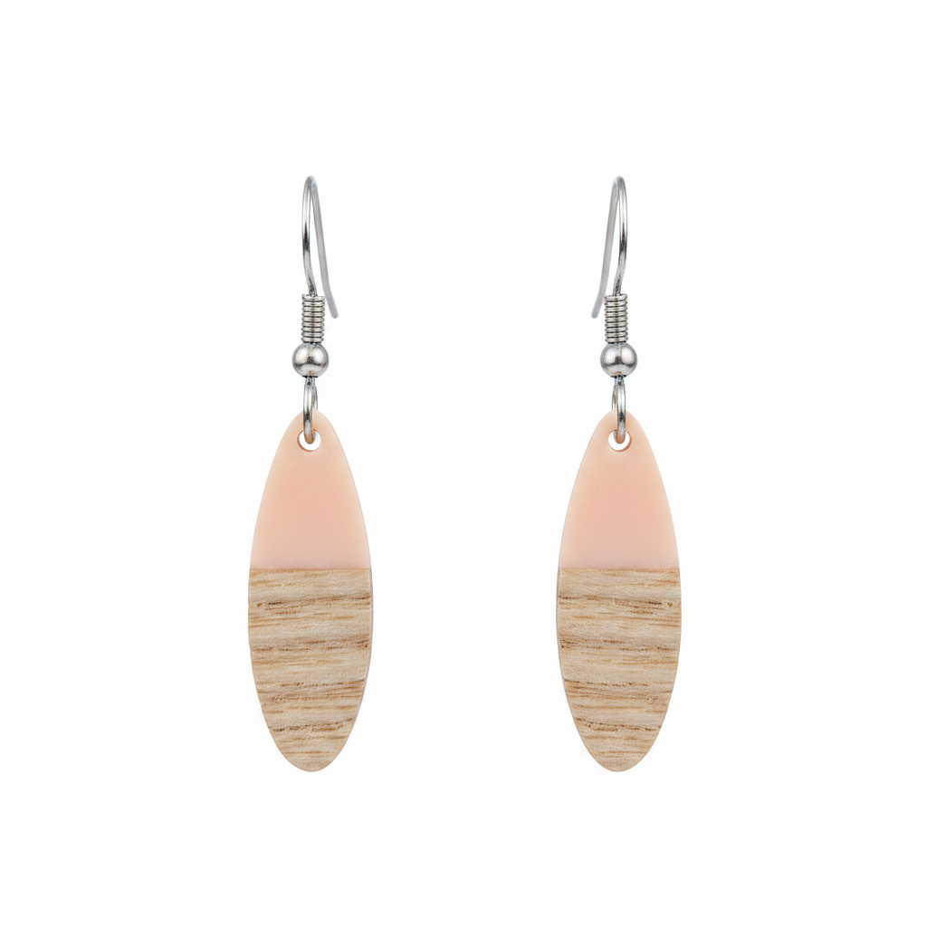 Pink Resin & Wood Silvertone Patchwork Oval Hook Earrings