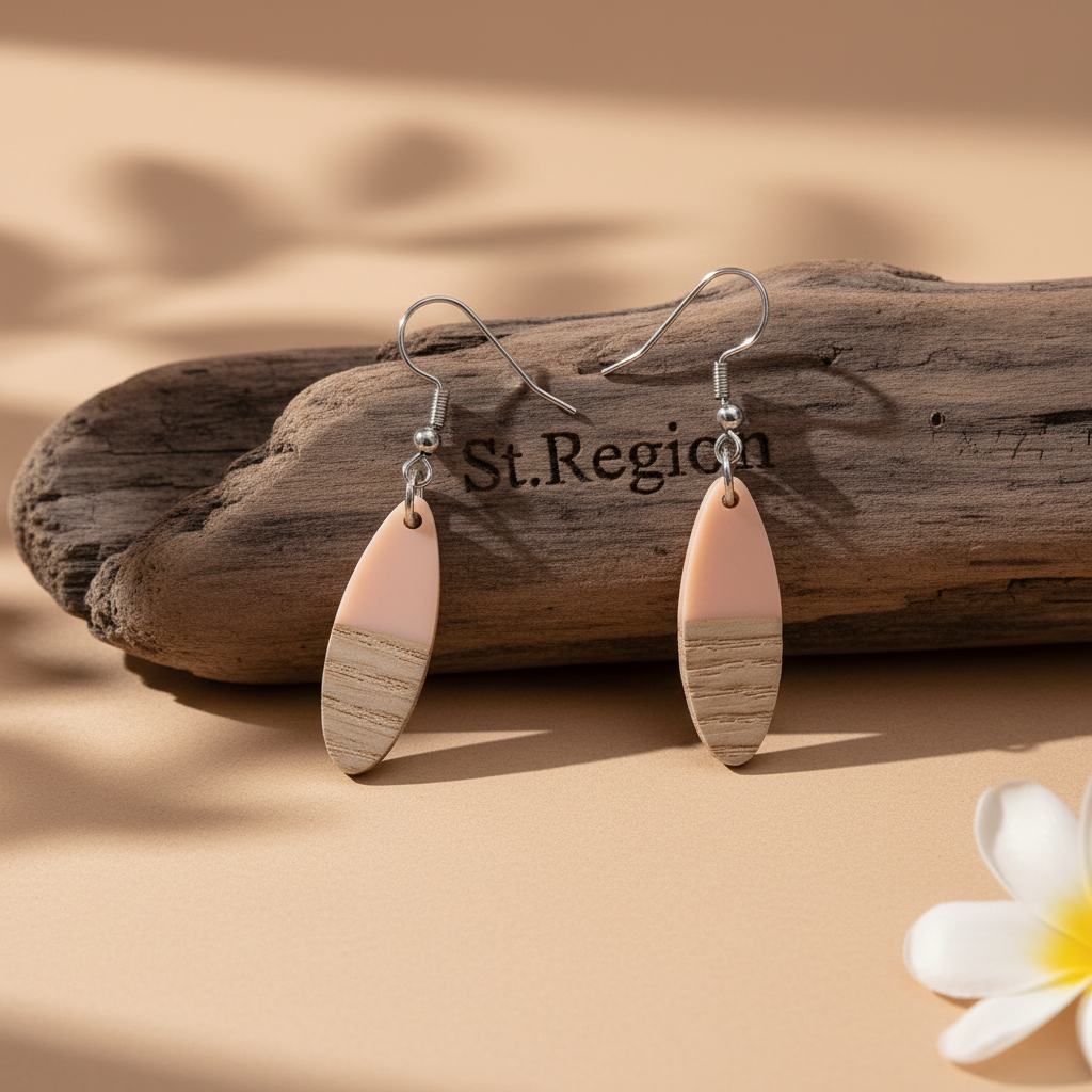 Pink Resin & Wood Silvertone Patchwork Oval Hook Earrings