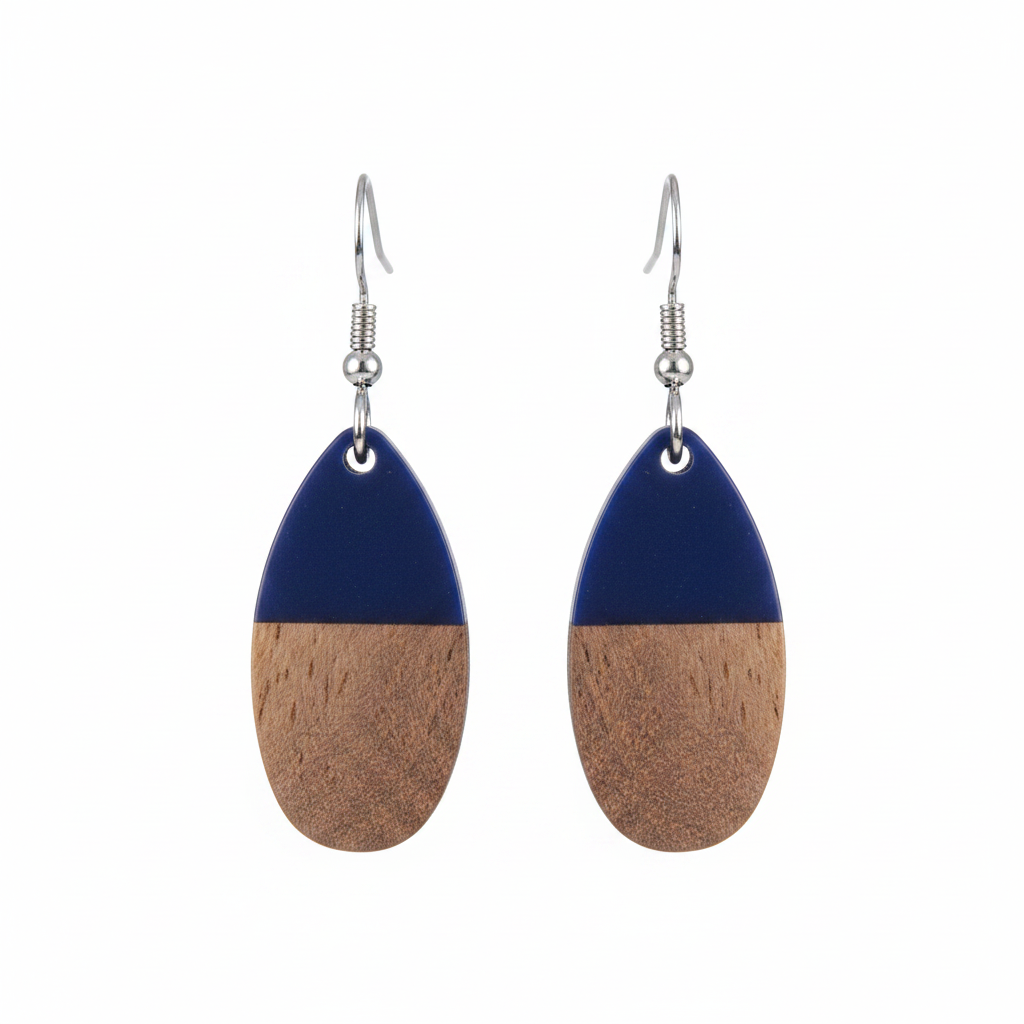 Blue Resin & Wood Silvertone Patchwork Teardrop Hook Earrings