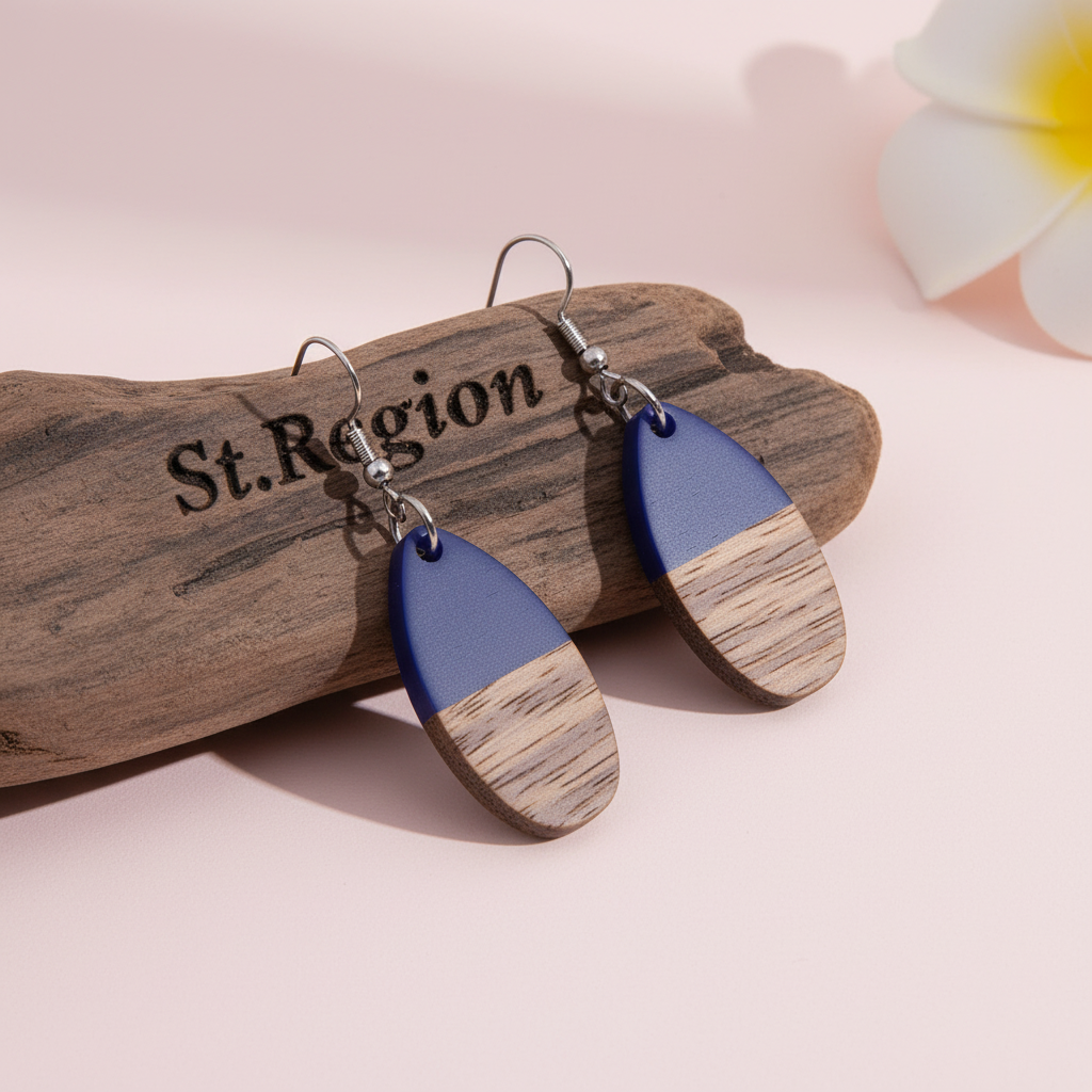 Blue Resin & Wood Silvertone Patchwork Teardrop Hook Earrings
