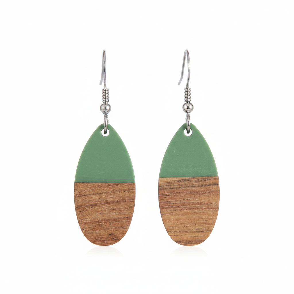 Green Resin & Wood Silvertone Patchwork Teardrop Hook Earrings
