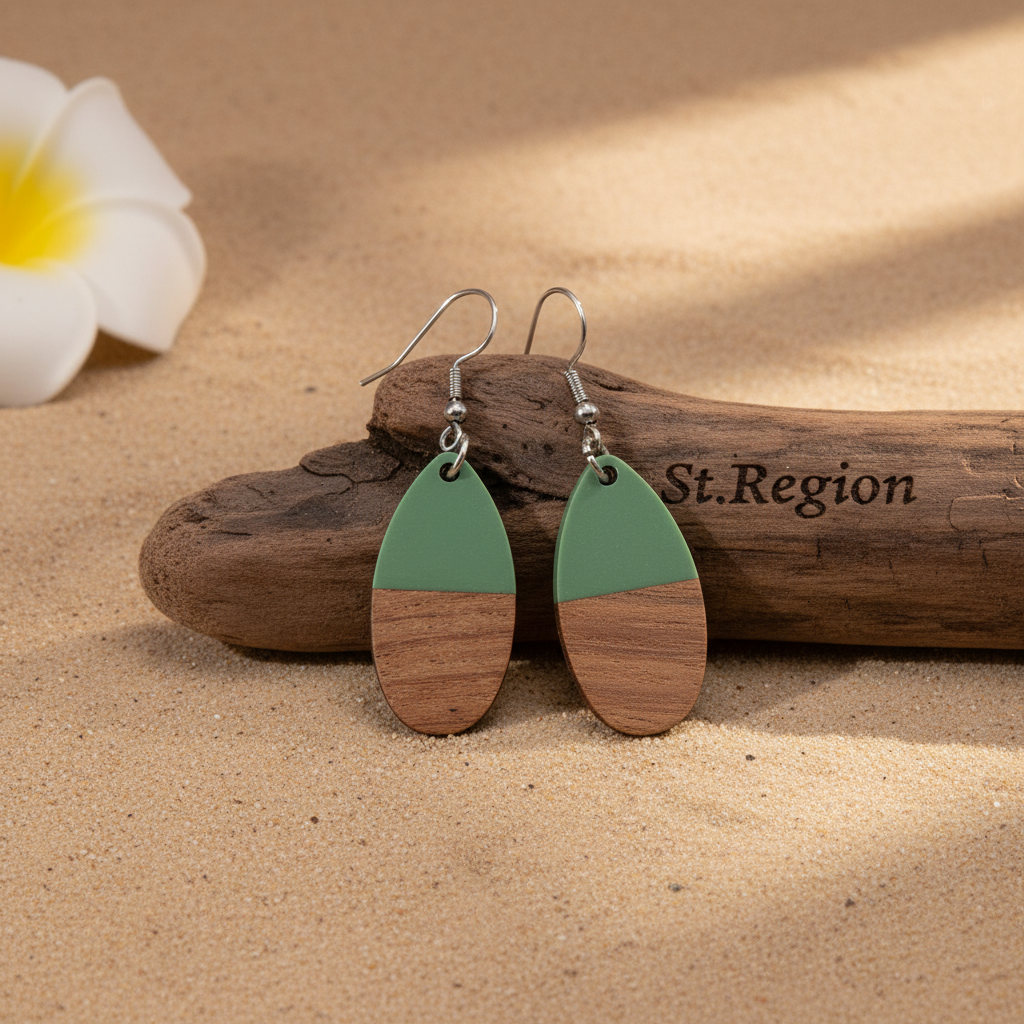 Green Resin & Wood Silvertone Patchwork Teardrop Hook Earrings