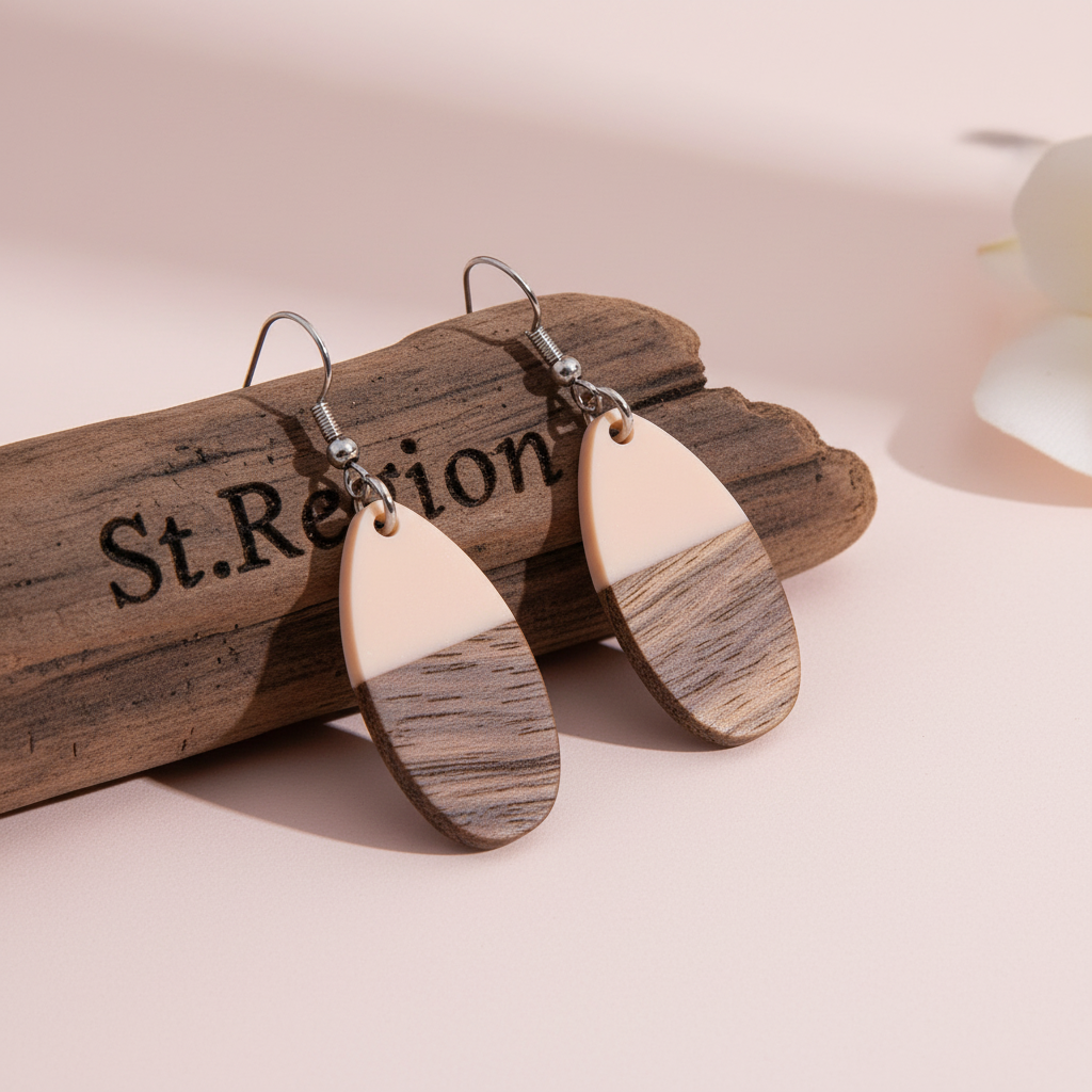 Pink Resin & Wood Silvertone Patchwork Teardrop Hook Earrings