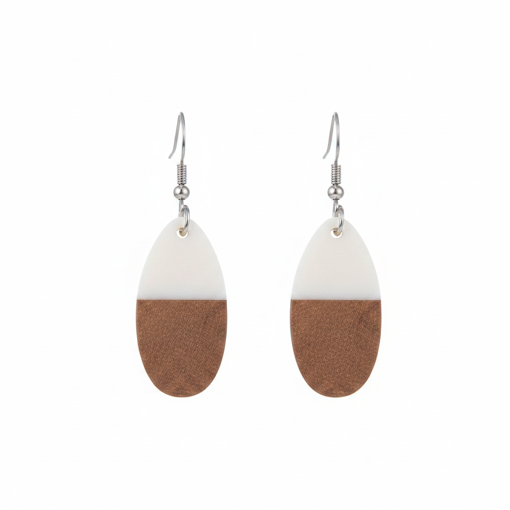 White Resin & Wood Silvertone Patchwork Teardrop Hook Earrings