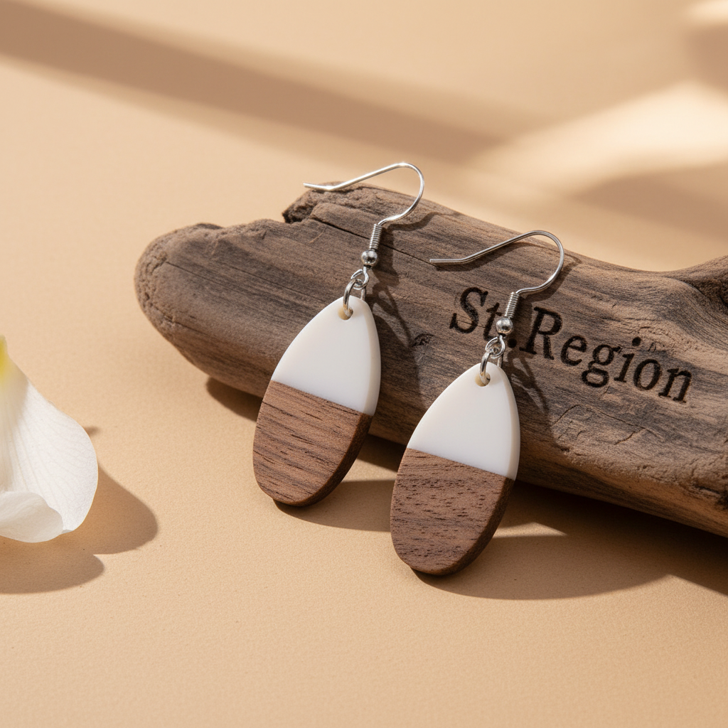 White Resin & Wood Silvertone Patchwork Teardrop Hook Earrings