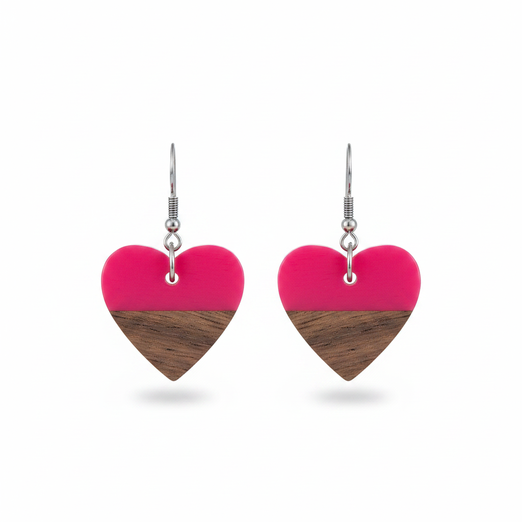 Rose Resin & Wood Silvertone Heart Hook Earrings