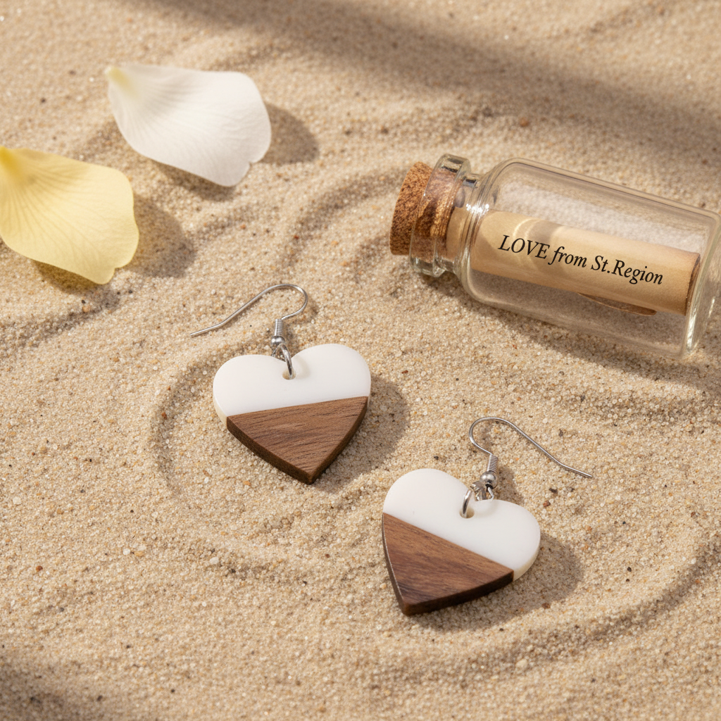 White Resin & Wood Silvertone Heart Hook Earrings
