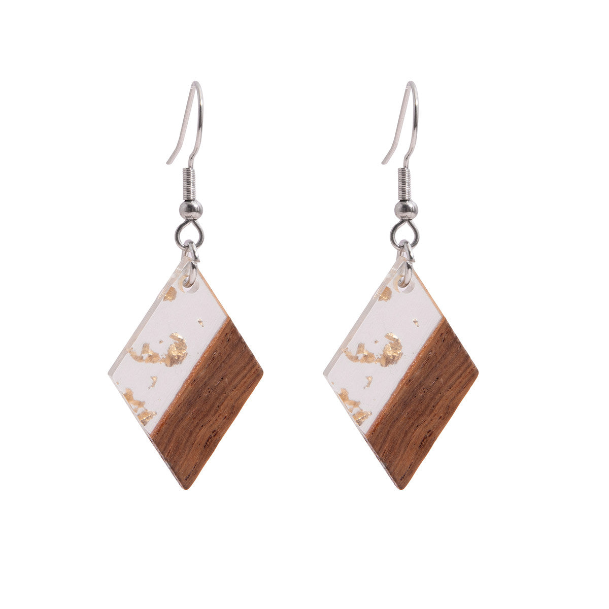 Clear Resin & Wood Silvertone Gold Foil Rhombus Hook Earrings