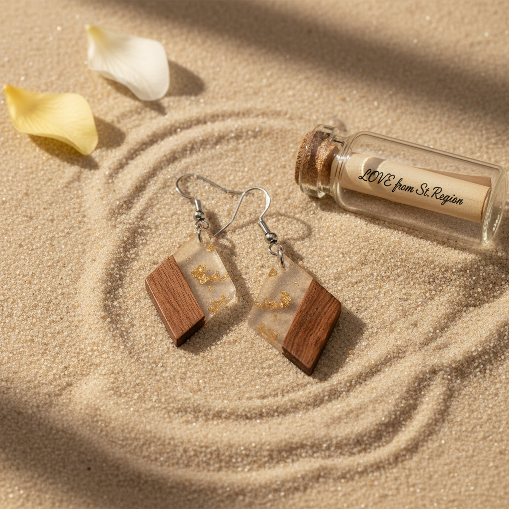 Clear Resin & Wood Silvertone Gold Foil Rhombus Hook Earrings