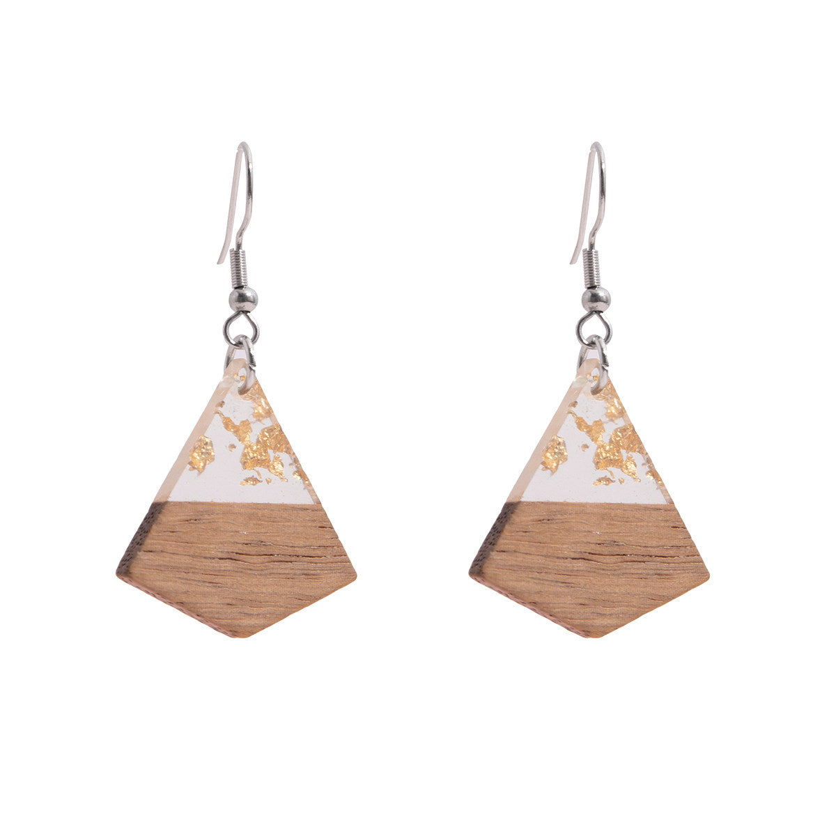Clear Resin & Wood Silvertone Gold Foil Sheild Hook Earrings