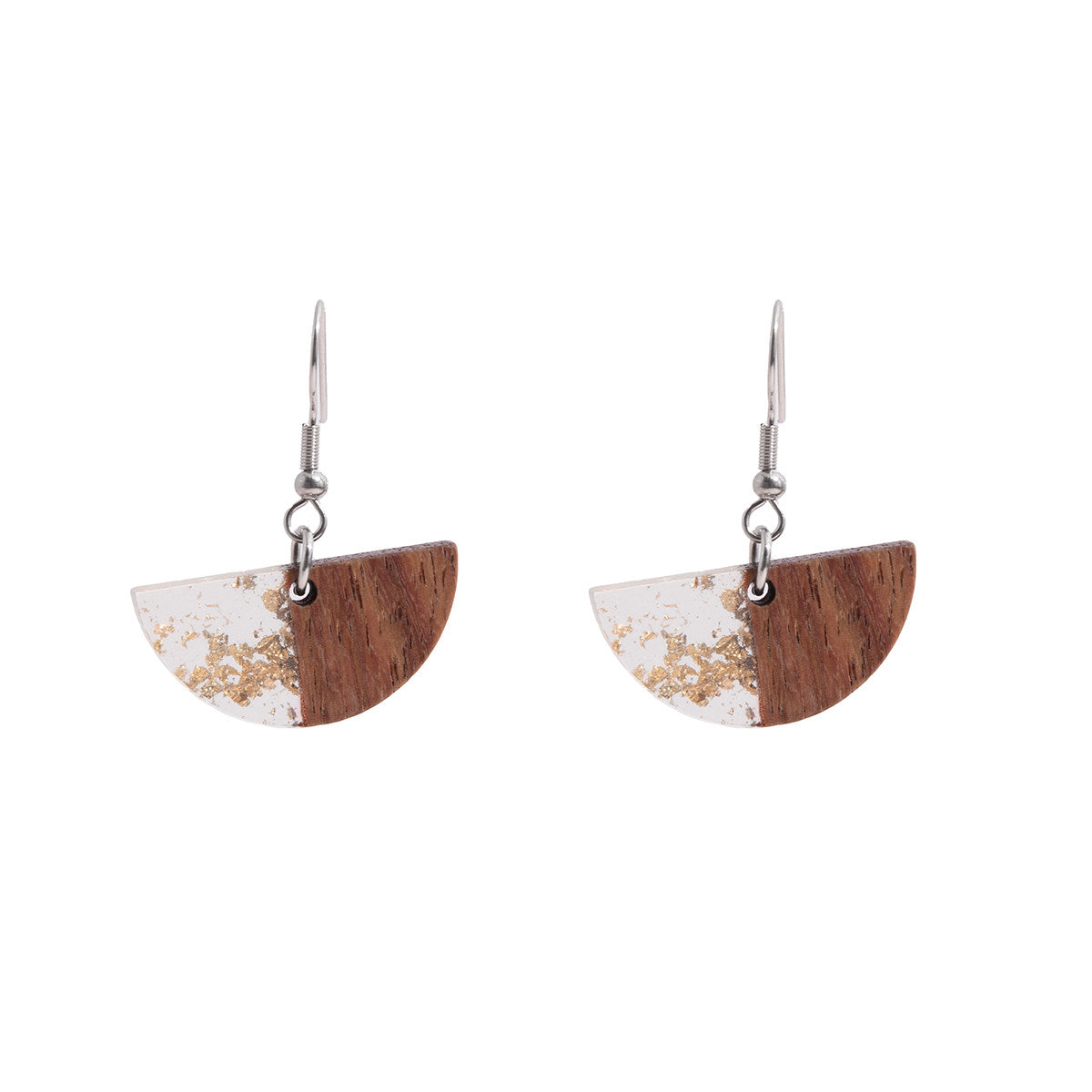 Clear Resin & Wood Silvertone Gold Foil Sector Hook Earrings