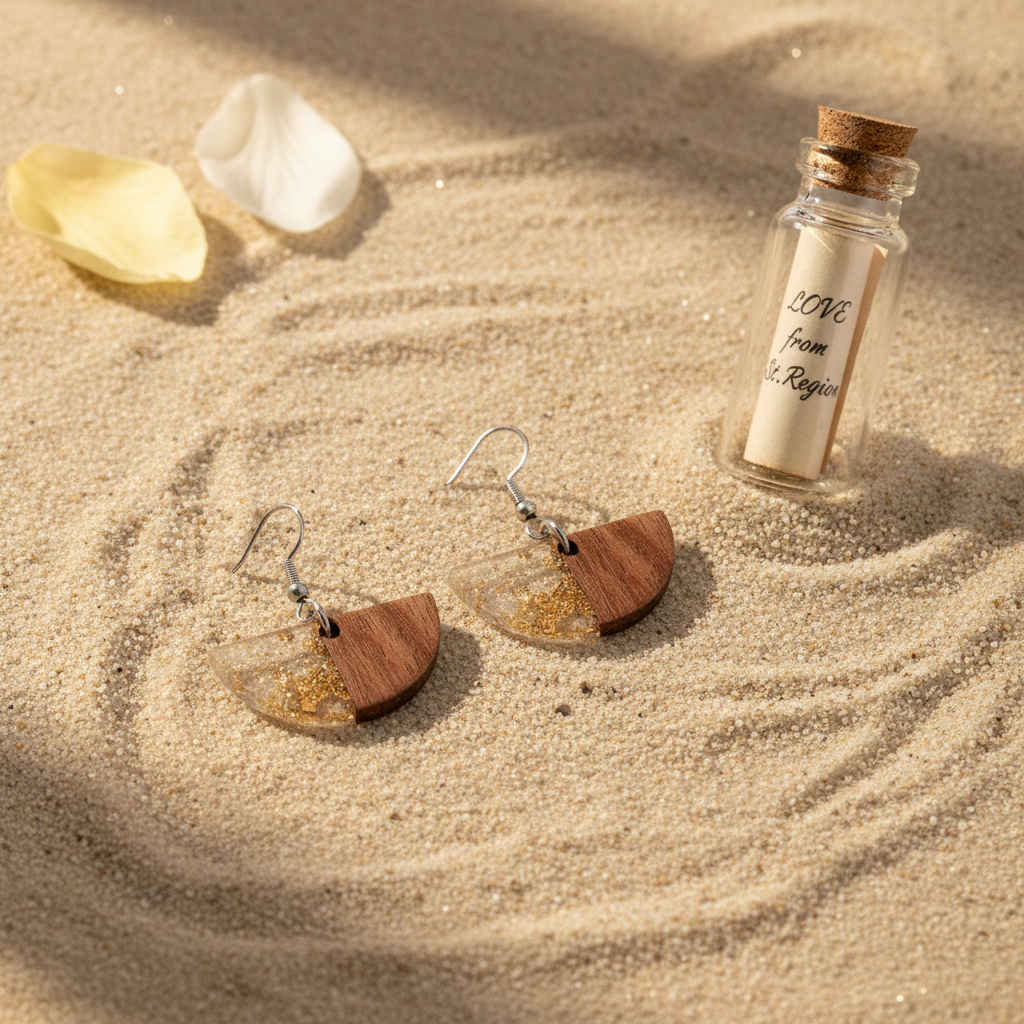 Clear Resin & Wood Silvertone Gold Foil Sector Hook Earrings