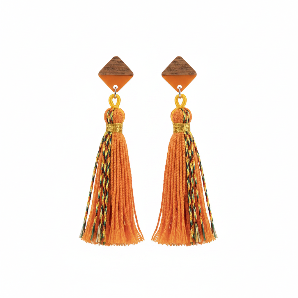 Orange Polyster & Resin Wood Silvertone Tassel Statement Drop Earrings