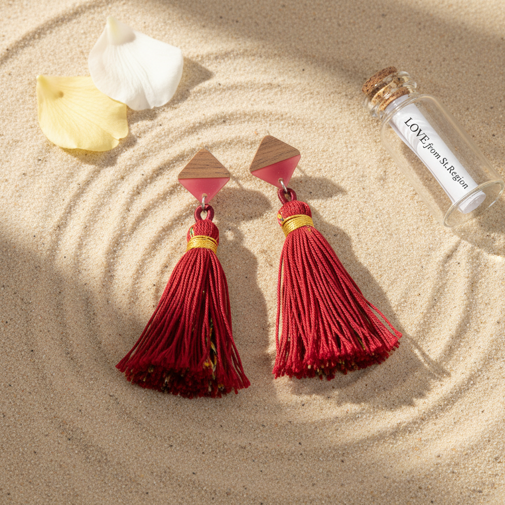 Rose Polyster & Resin Wood Silvertone Tassel Statement Drop Earrings