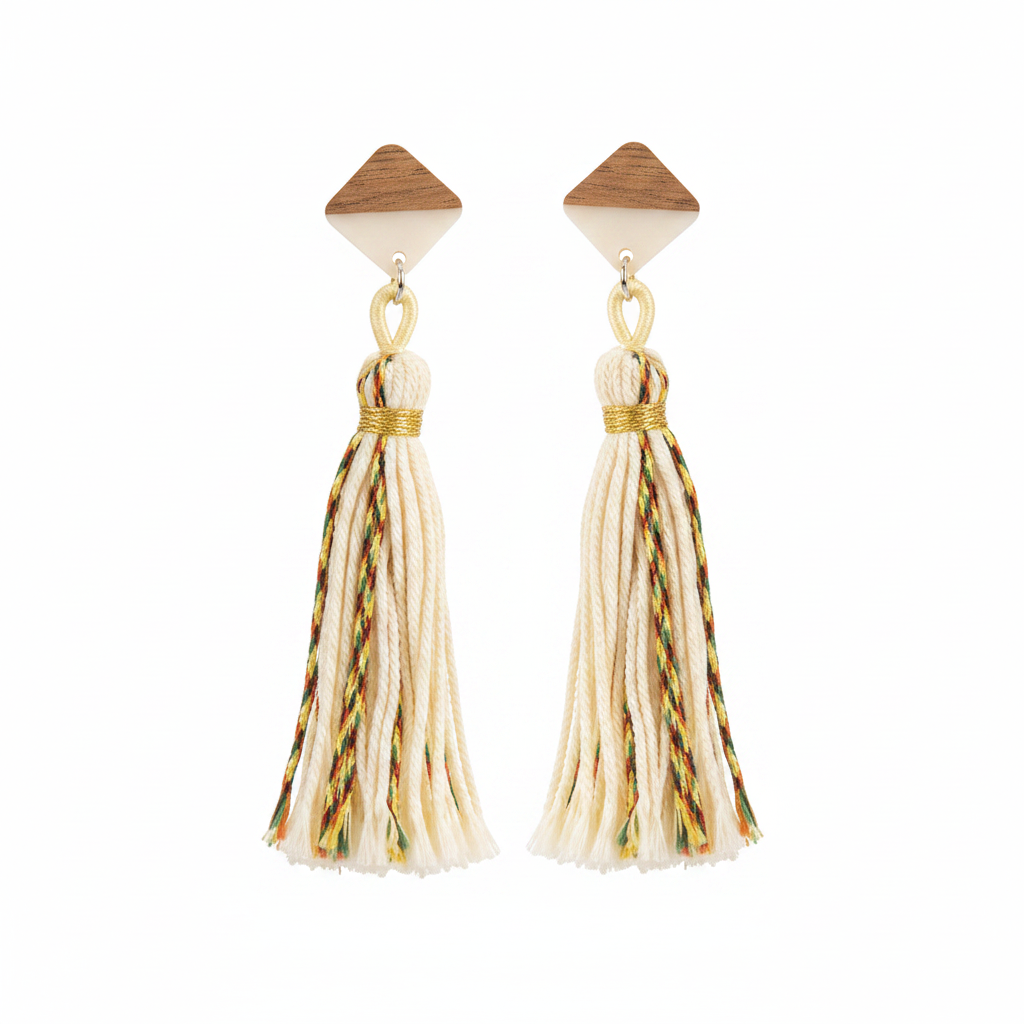 White Polyster & Resin Wood Silvertone Tassel Statement Drop Earrings