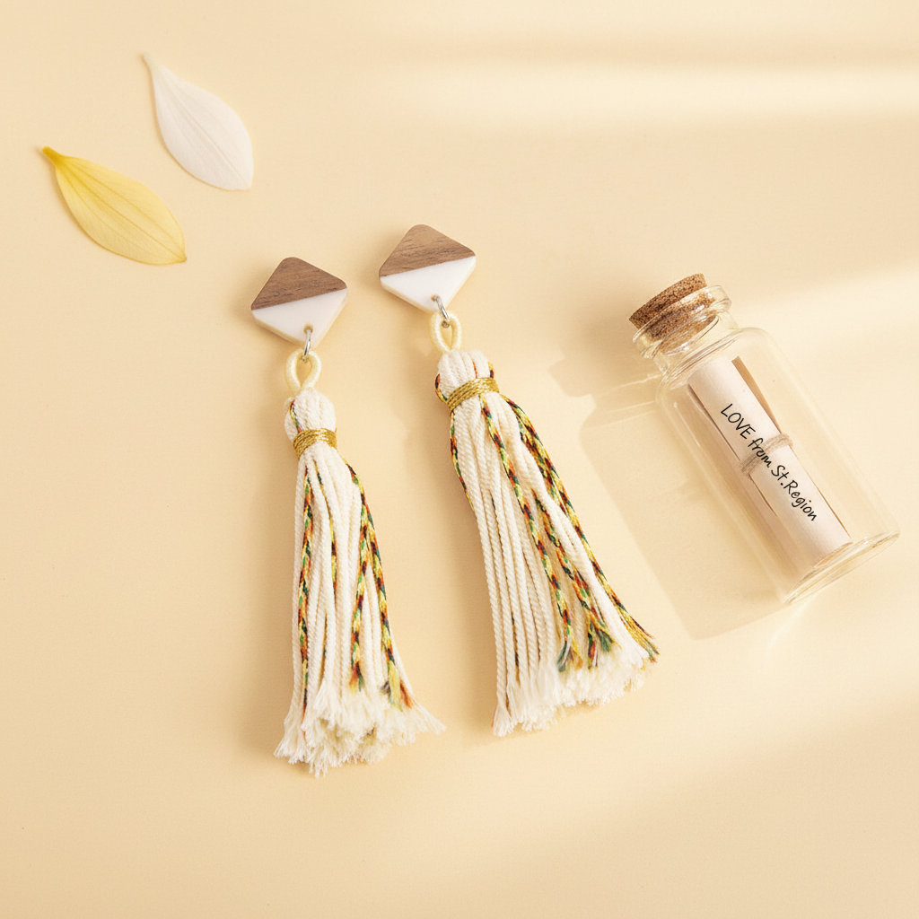 White Polyster & Resin Wood Silvertone Tassel Statement Drop Earrings