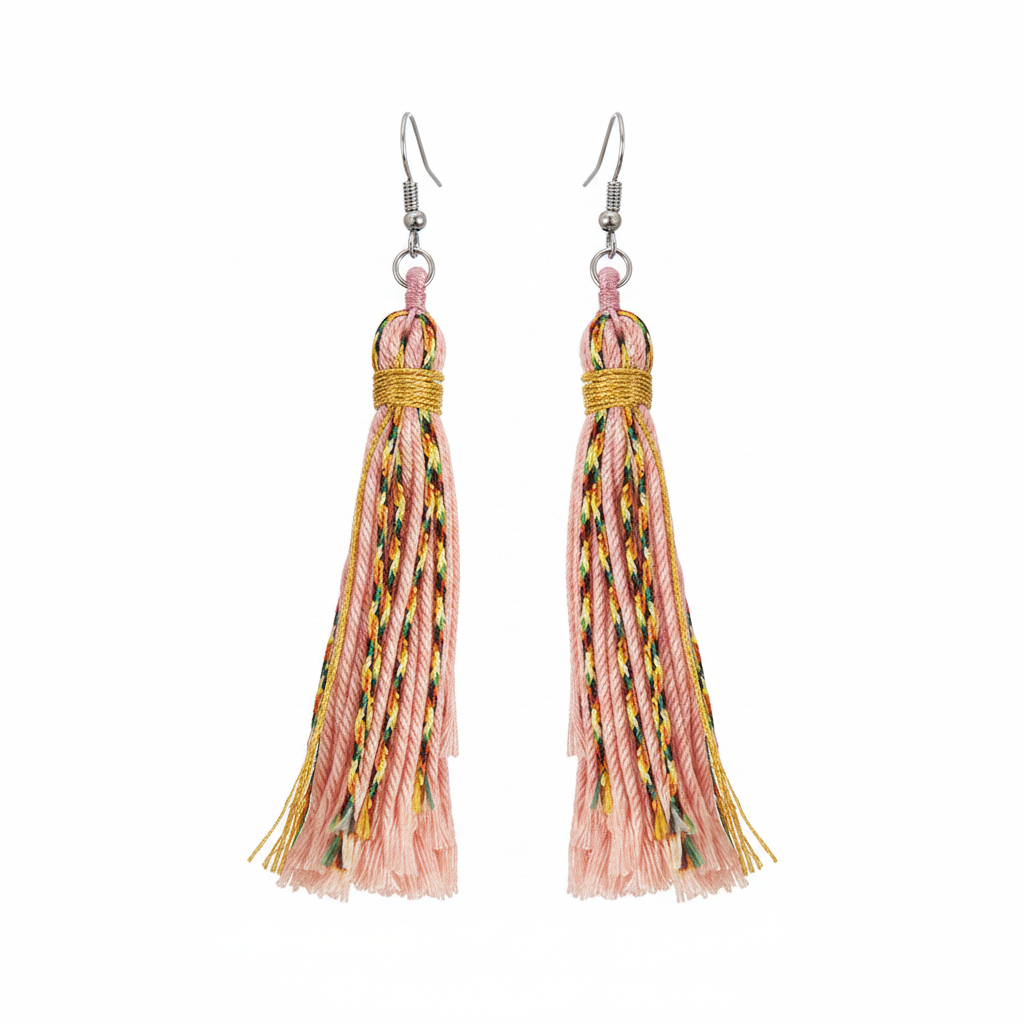 Pink Multi-Colored Polyster & Silvertone Tassel Statement Hook Earrings