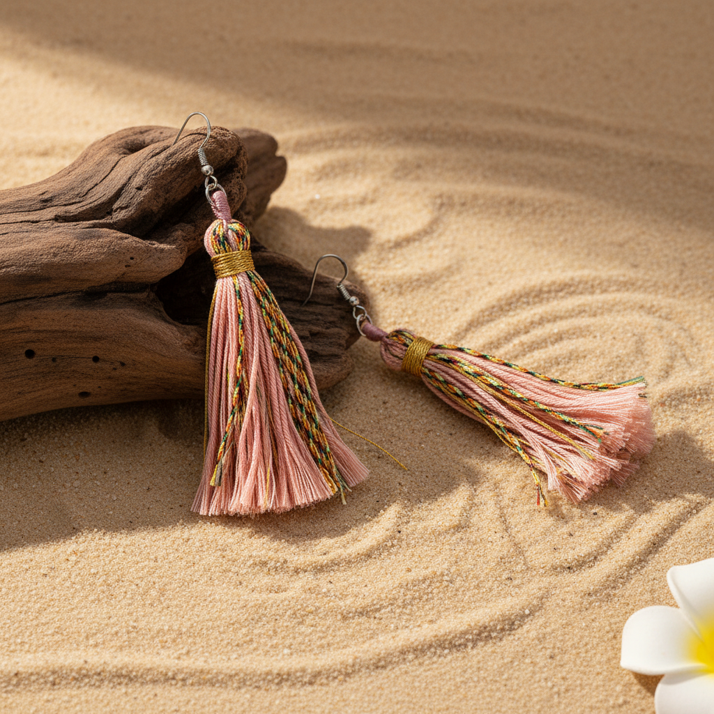 Pink Multi-Colored Polyster & Silvertone Tassel Statement Hook Earrings