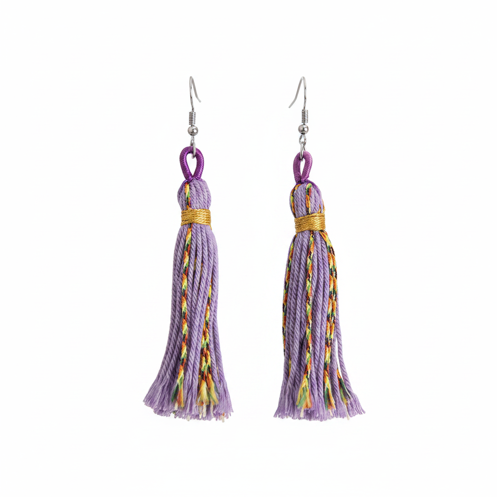 Purple Multi-Colored Polyster & Silvertone Tassel Statement Hook Earrings