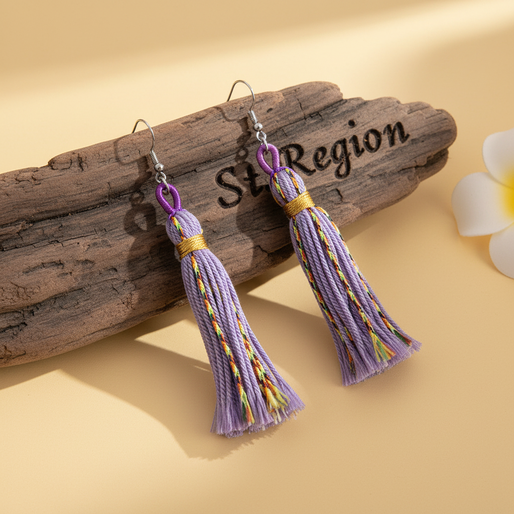 Purple Multi-Colored Polyster & Silvertone Tassel Statement Hook Earrings