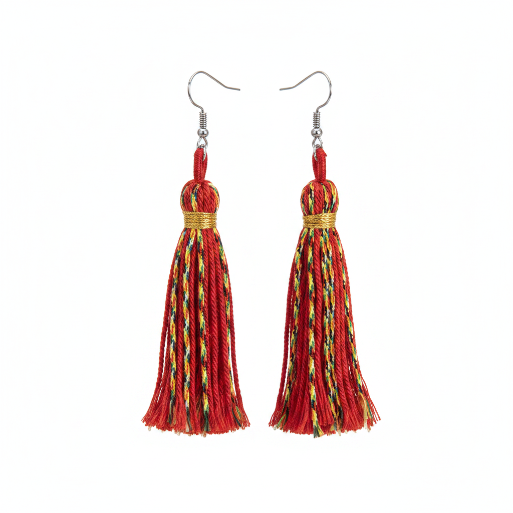 Red Multi-Colored Polyster & Silvertone Tassel Statement Hook Earrings