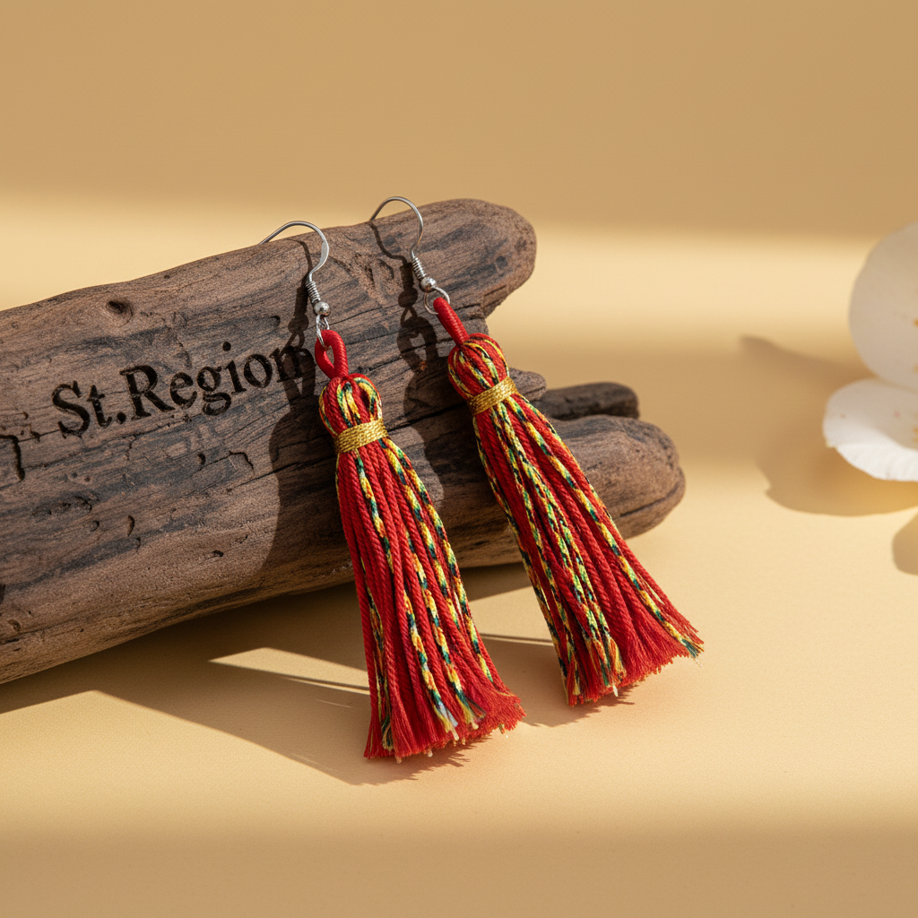 Red Multi-Colored Polyster & Silvertone Tassel Statement Hook Earrings