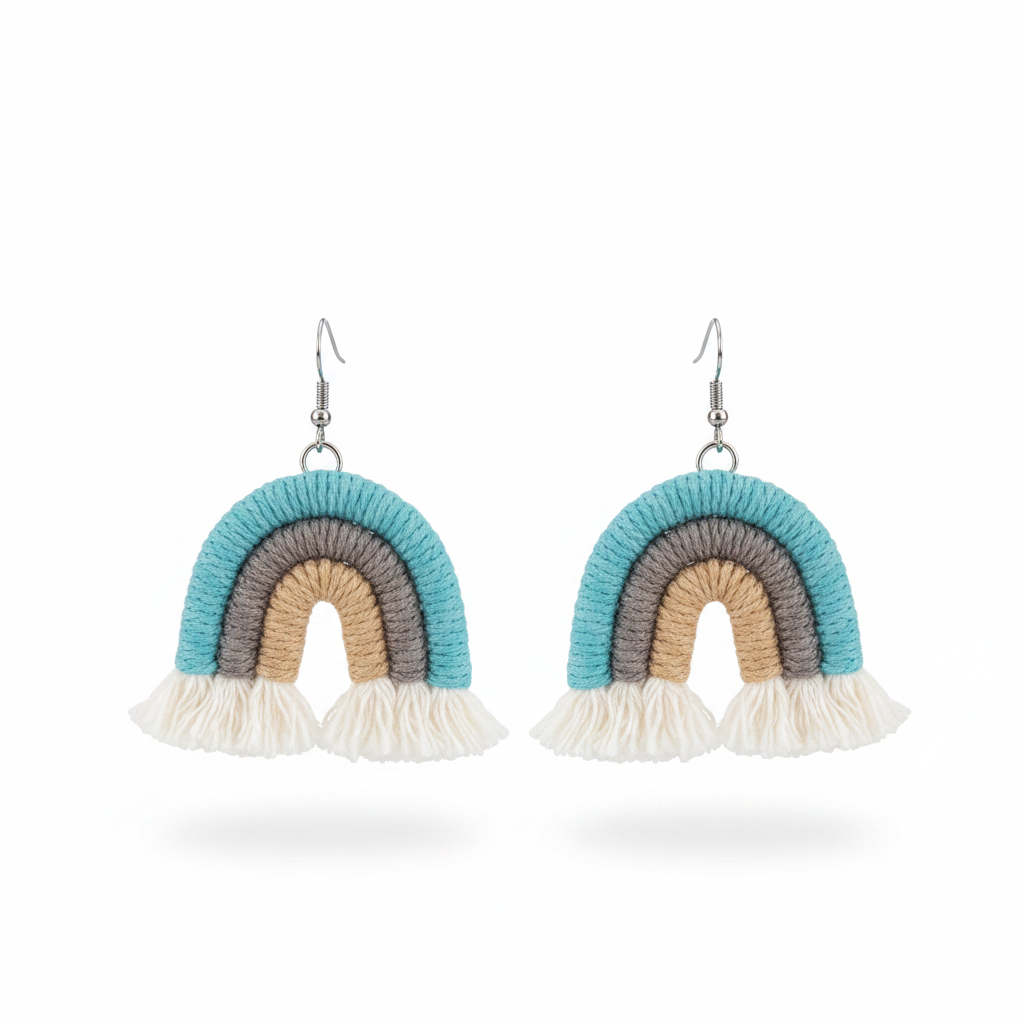 Blue Multi-Colored Yarn & Silvertone Rainbow Tassel Hook Earrings