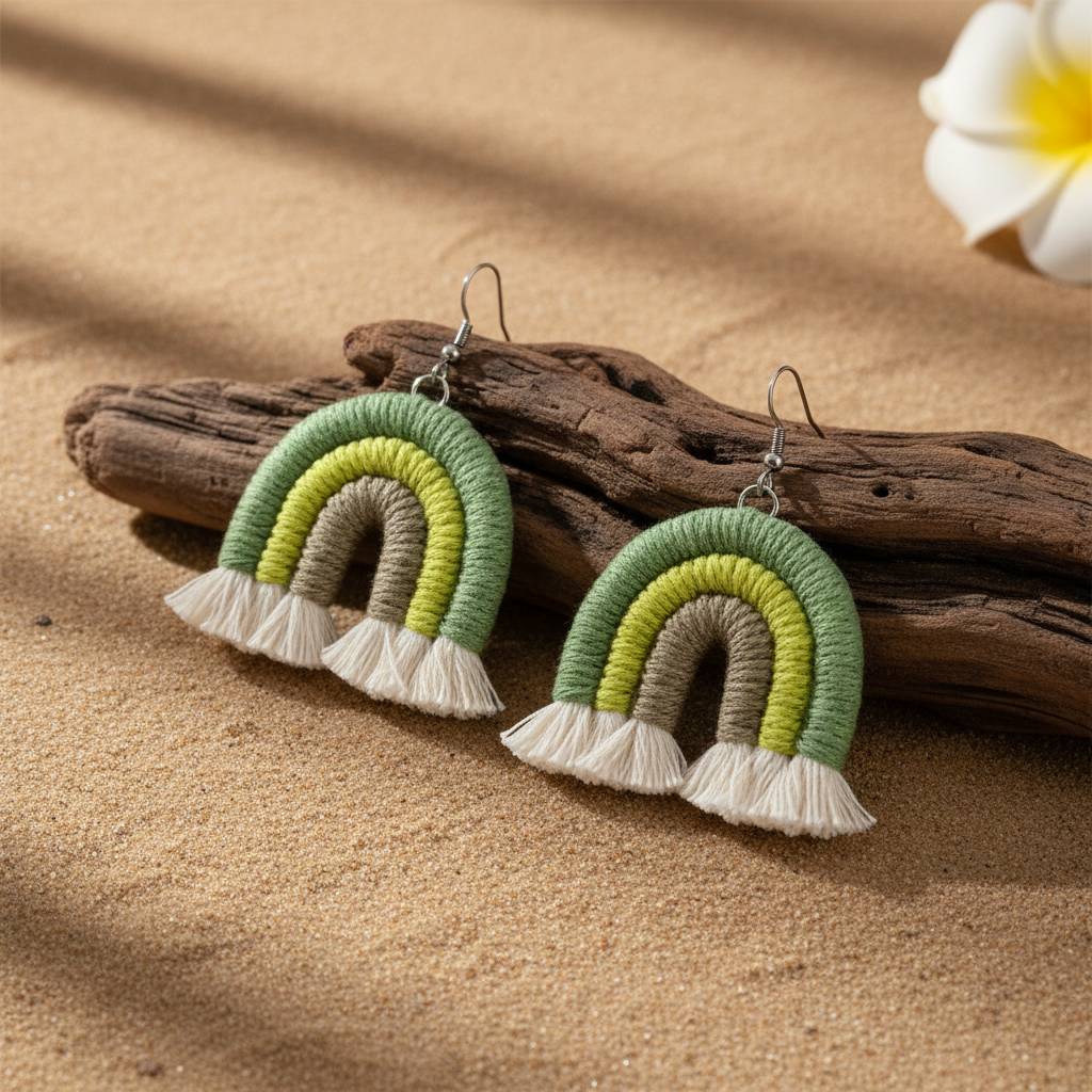 Green Multi-Colored Yarn & Silvertone Rainbow Tassel Hook Earrings