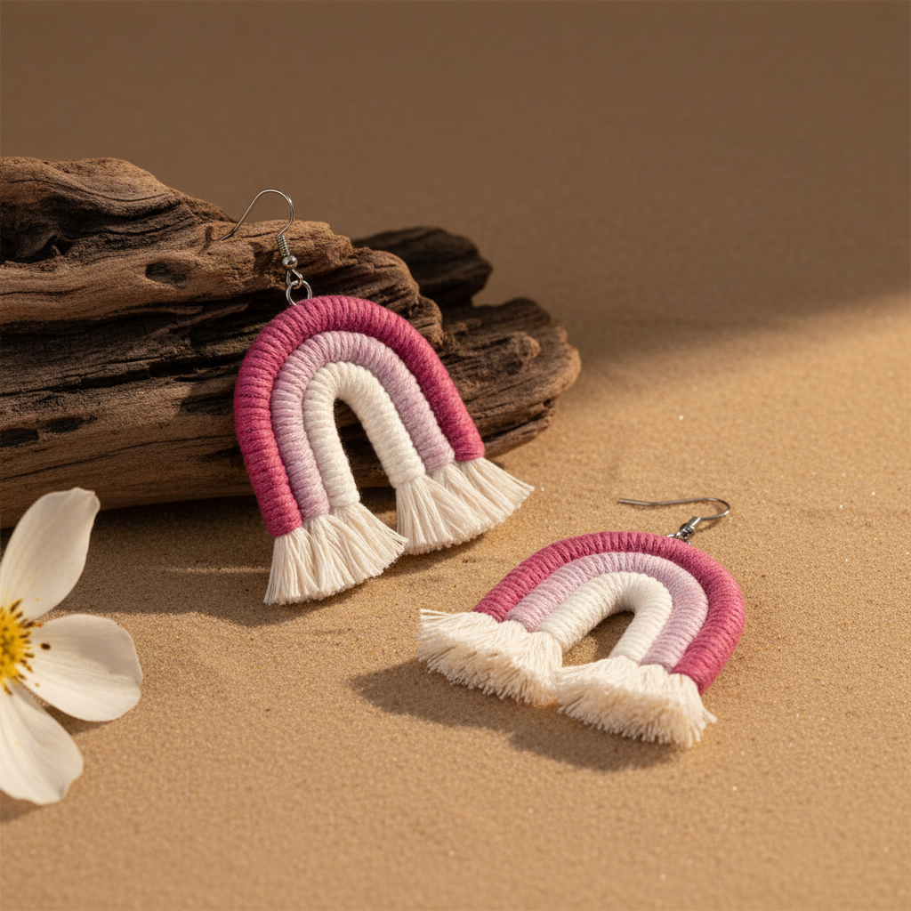 Rose & Pink Yarn Silvertone Rainbow Tassel Hook Earrings