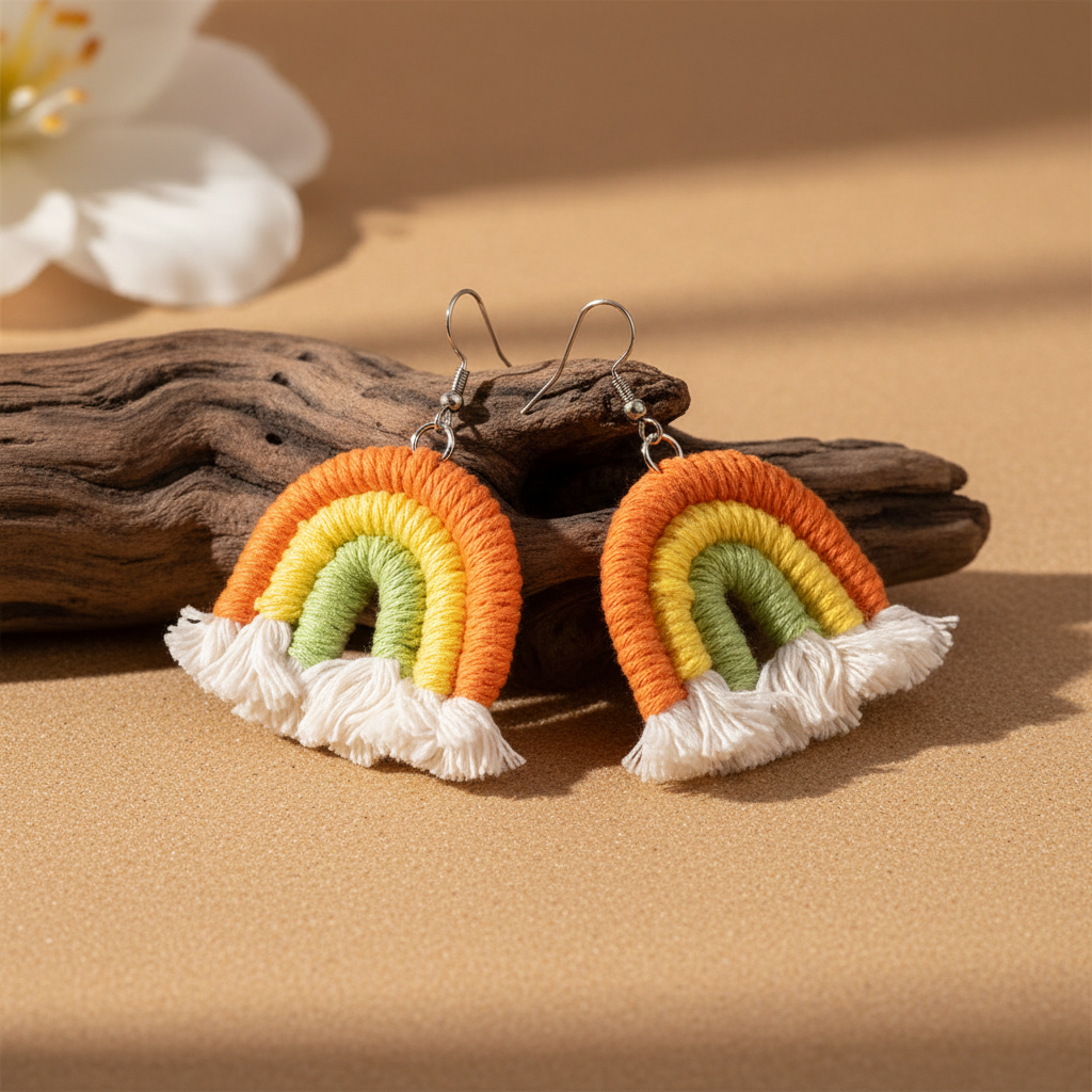 Orange Multi-Colored Yarn & Silvertone Rainbow Tassel Hook Earrings