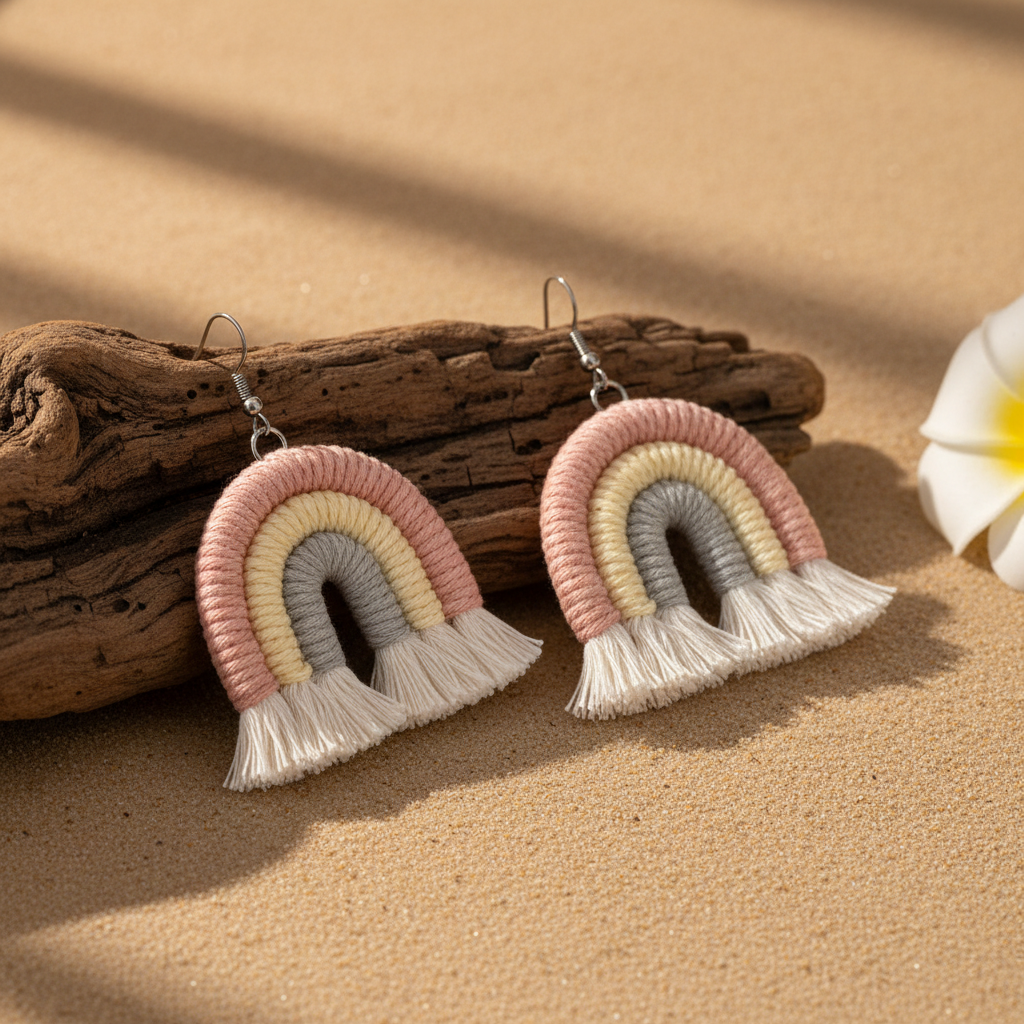 Pink Multi-Colored Yarn & Silvertone Rainbow Tassel Hook Earrings