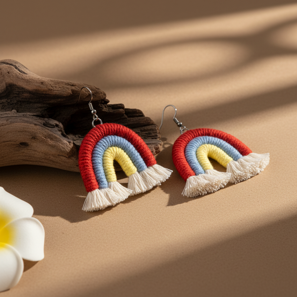 Red Multi-Colored Yarn & Silvertone Rainbow Tassel Hook Earrings