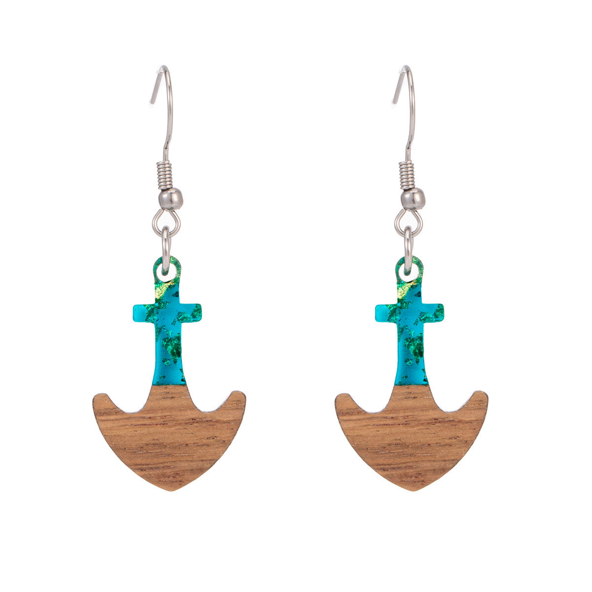 Green Resin & Wood Silvertone Anchor Hook Earrings