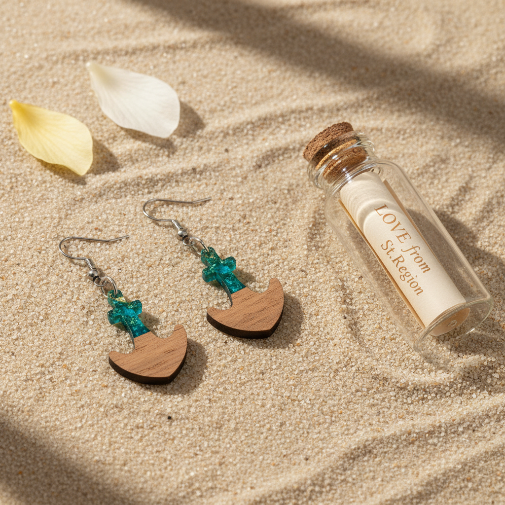 Green Resin & Wood Silvertone Anchor Hook Earrings