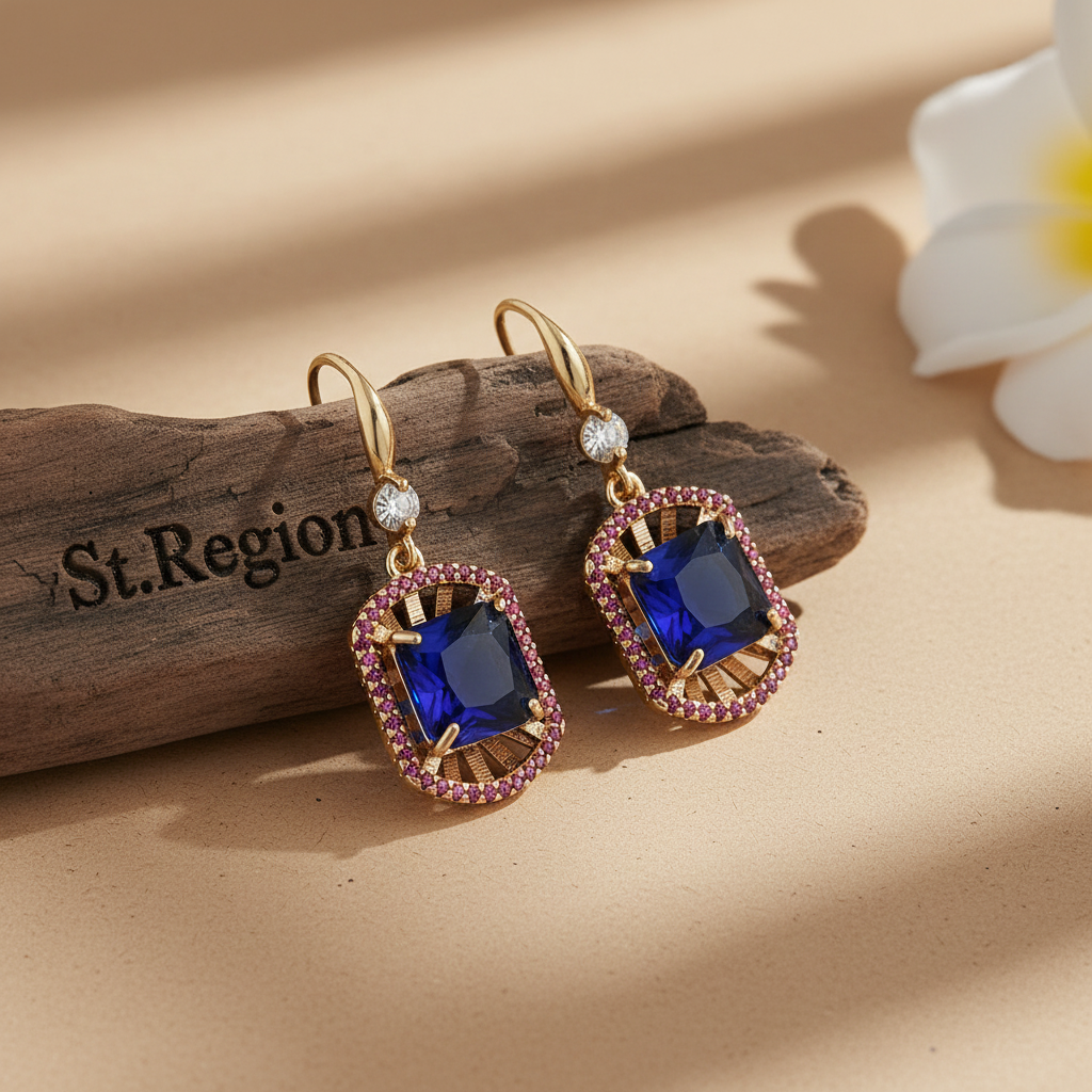 Blue Crystal & Cubic Zirconia Goldtone Sunburst Spokes Hook Earrings