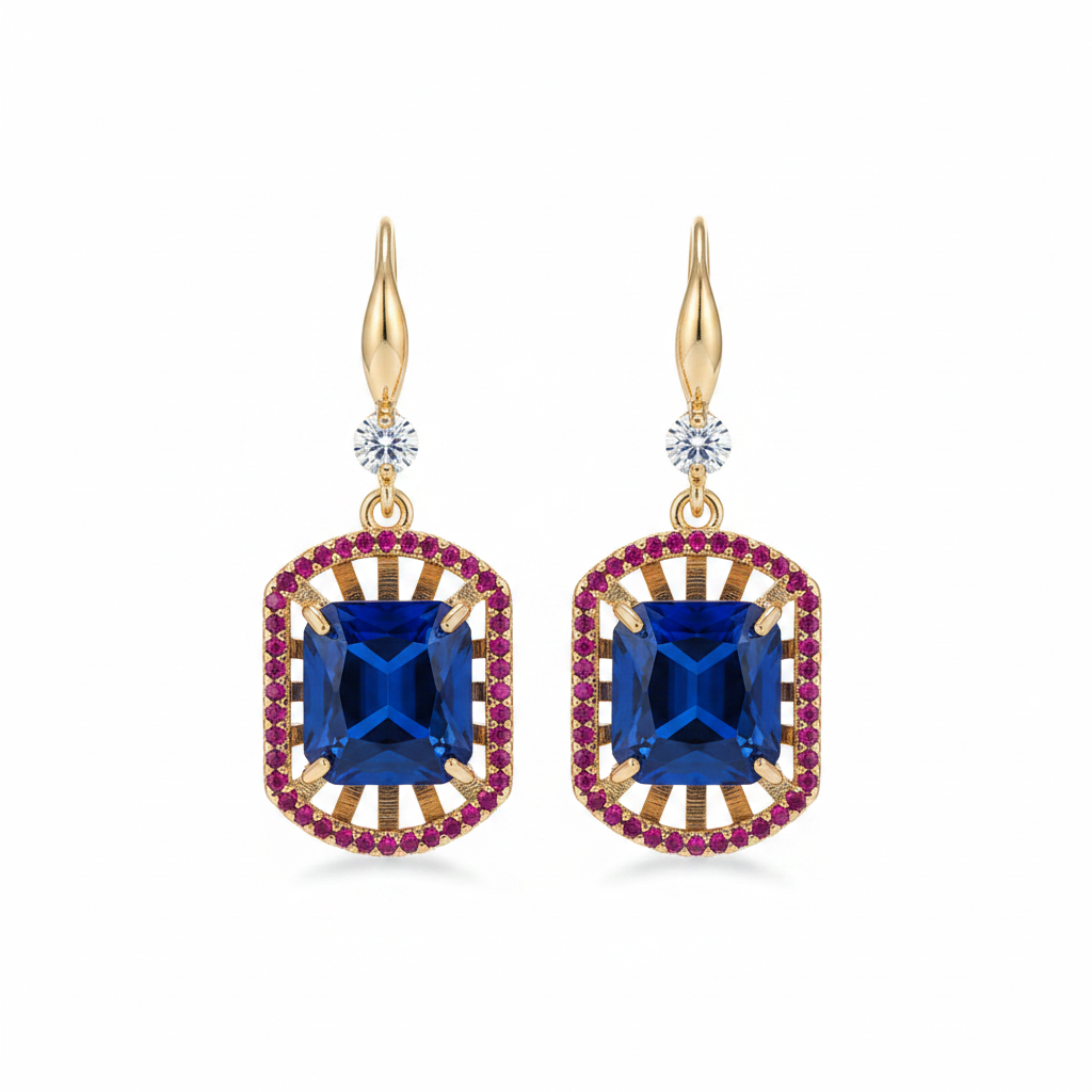 Blue Crystal & Cubic Zirconia Goldtone Sunburst Spokes Hook Earrings