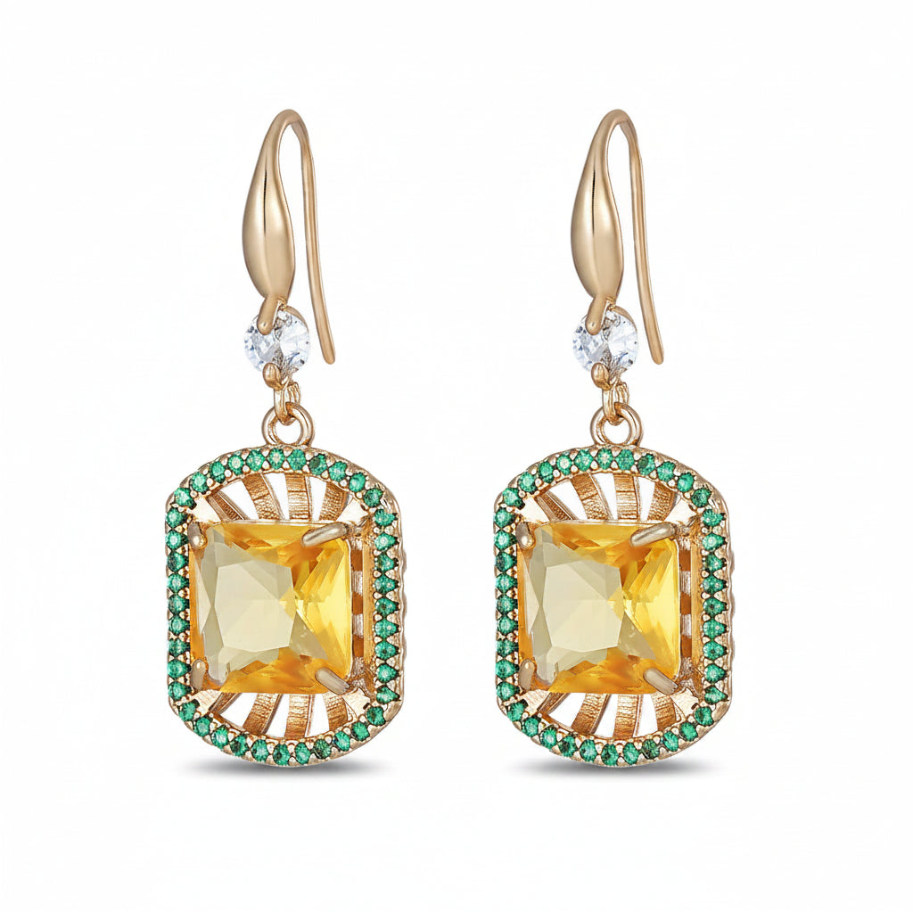 Yellow Crystal & Cubic Zirconia Goldtone Sunburst Spokes Hook Earrings