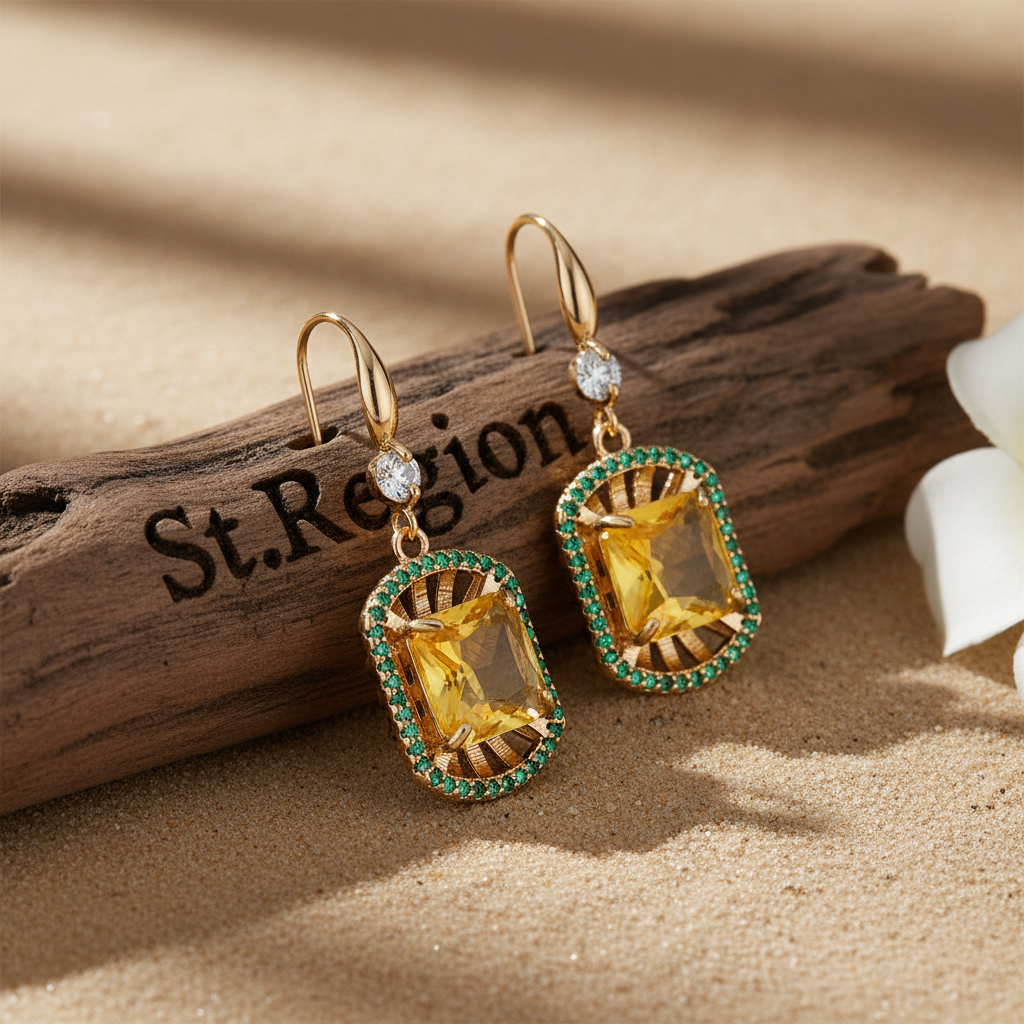 Yellow Crystal & Cubic Zirconia Goldtone Sunburst Spokes Hook Earrings