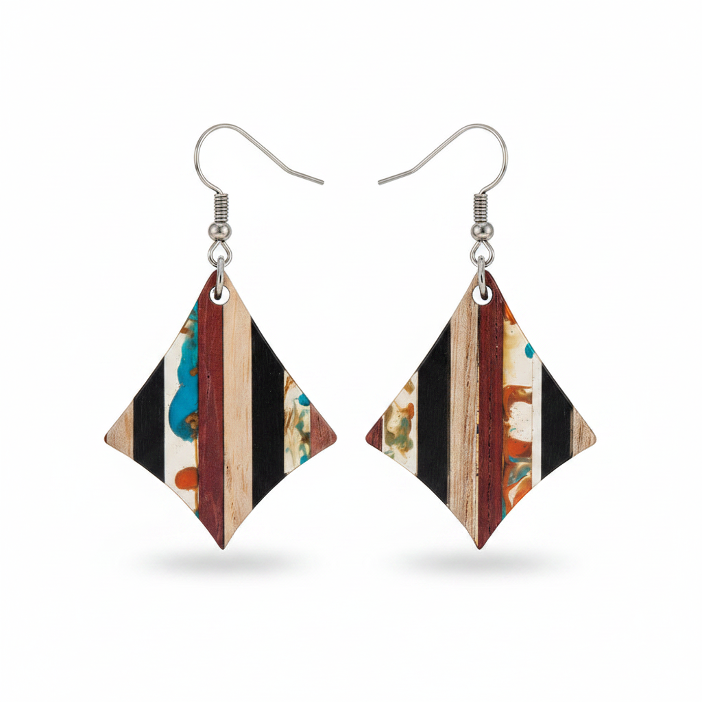 Multi-Colored Resin & Wood Silvertone Striped Diamond Hook Earrings