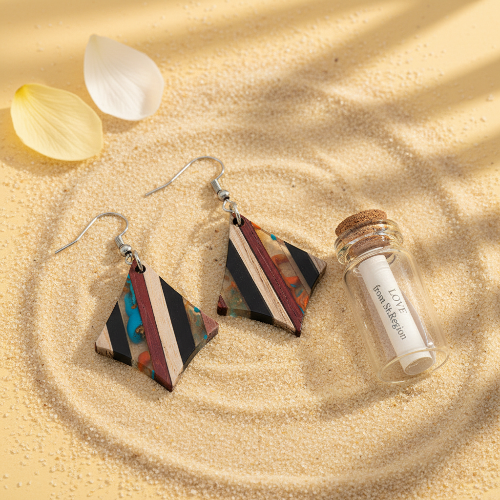 Multi-Colored Resin & Wood Silvertone Striped Diamond Hook Earrings